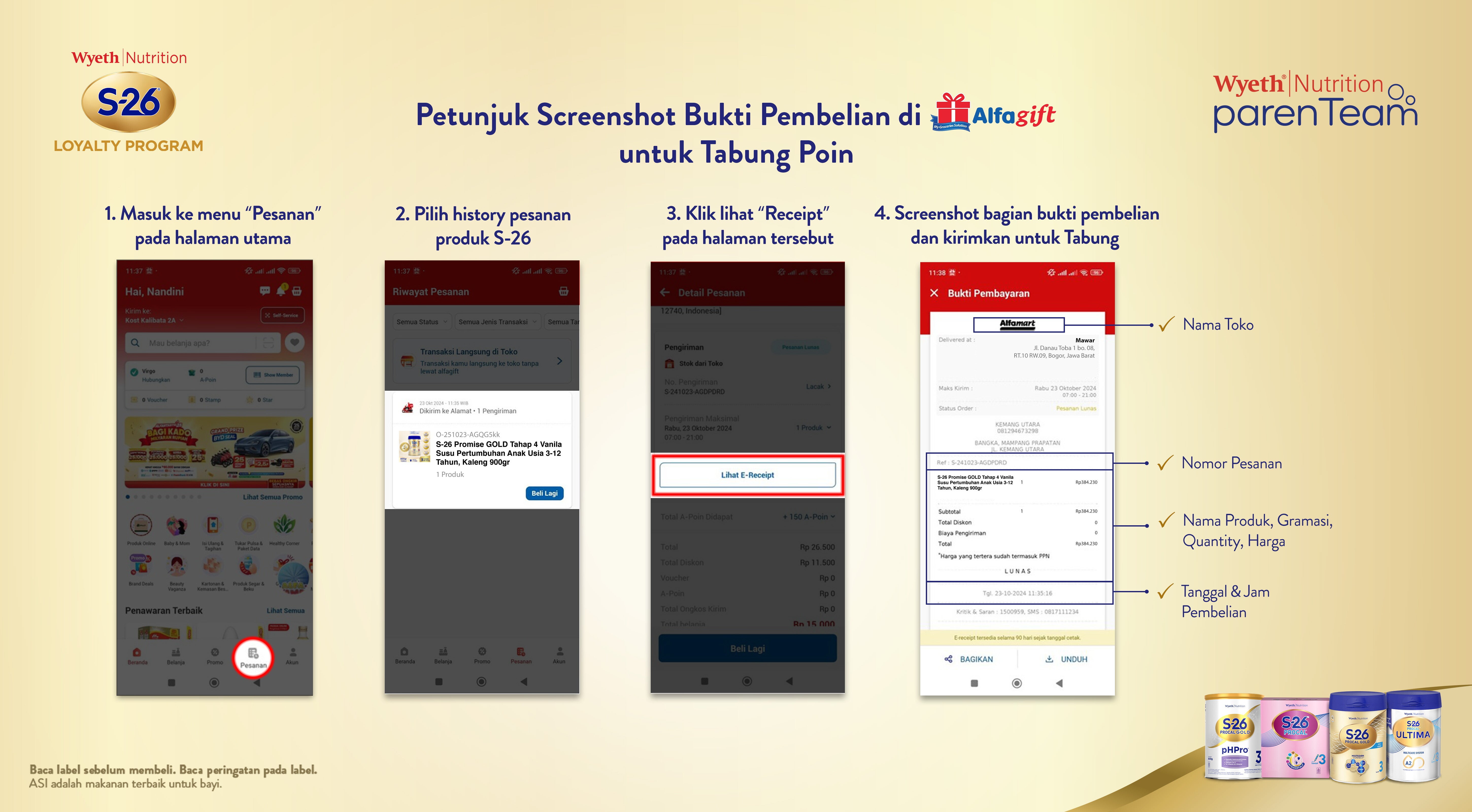Petunjuk screenshot bukti Pembelian di Alfa Gift untuk tabung poin