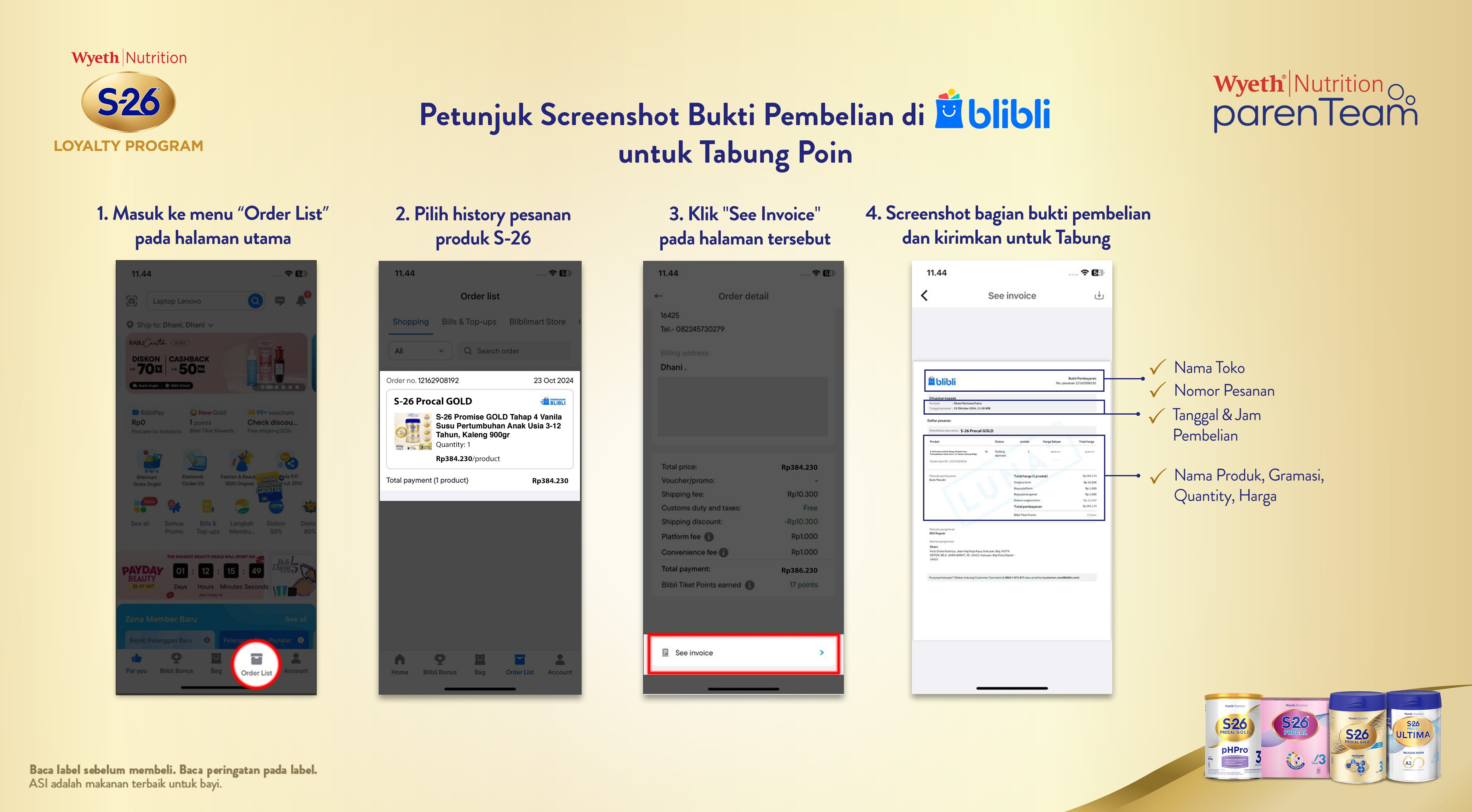 Petunjuk screenshot bukti Pembelian di Blibli untuk tabung poin