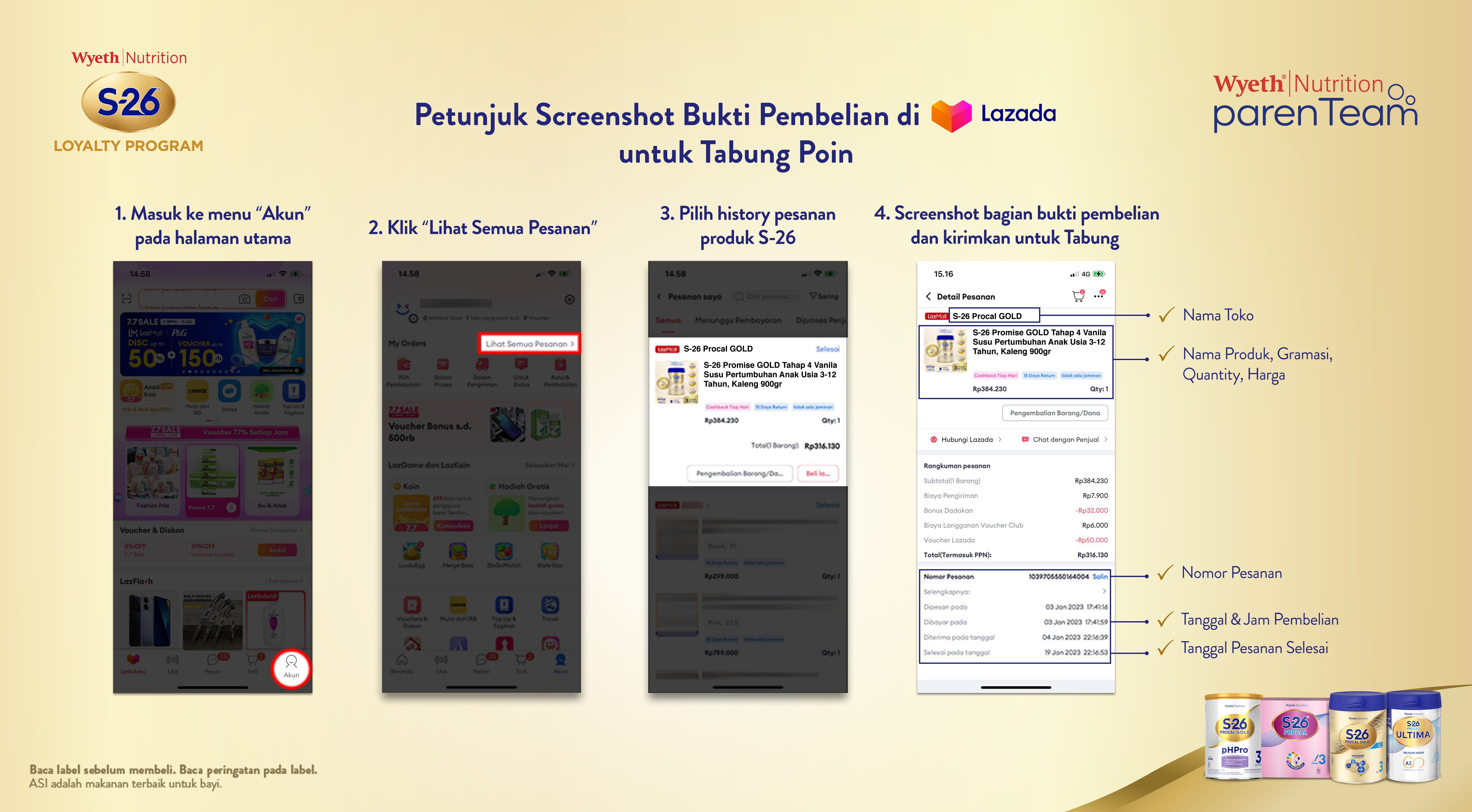 Petunjuk screenshot bukti Pembelian di Lazada untuk tabung poin