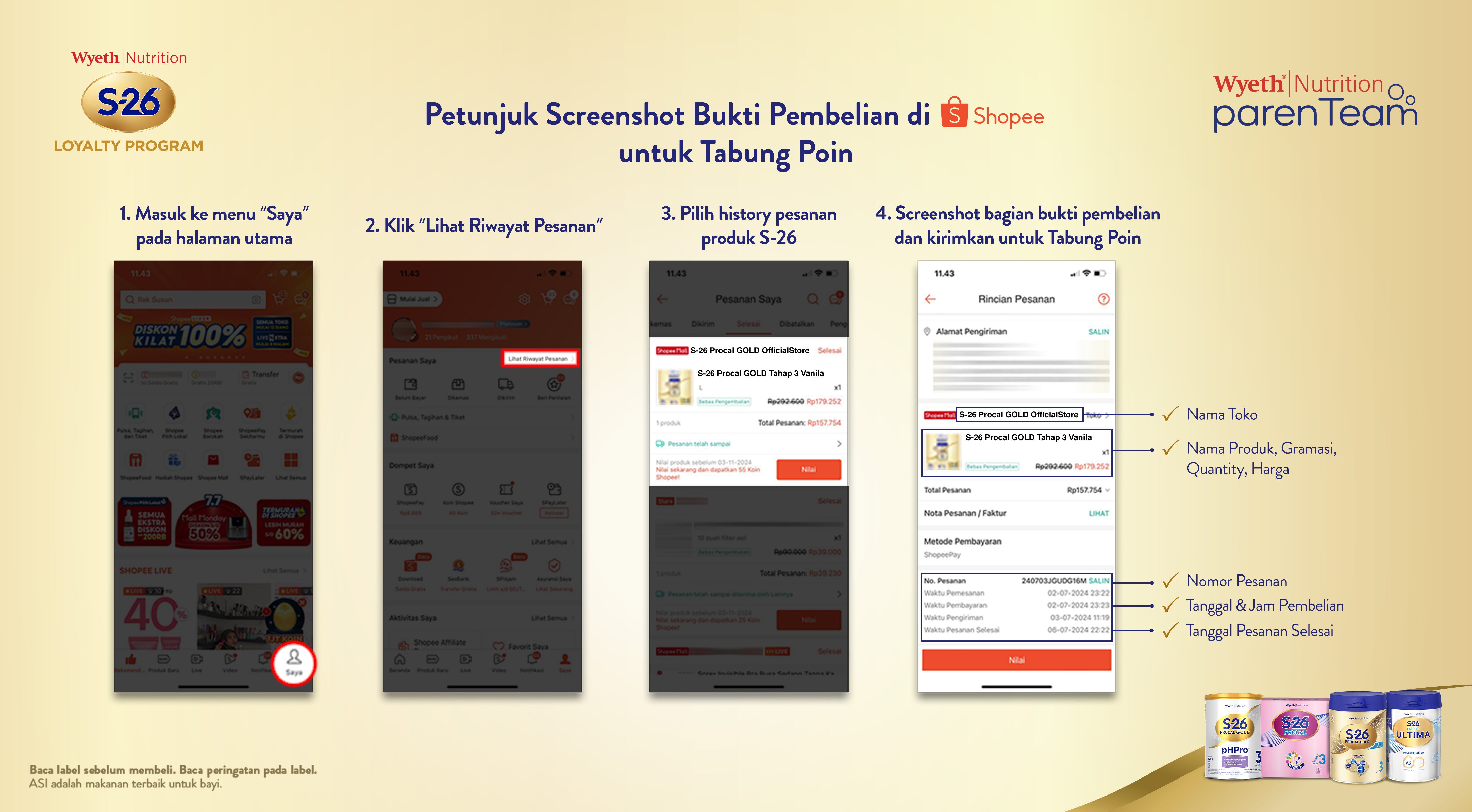Petunjuk screenshot bukti Pembelian di Shopee untuk tabung poin