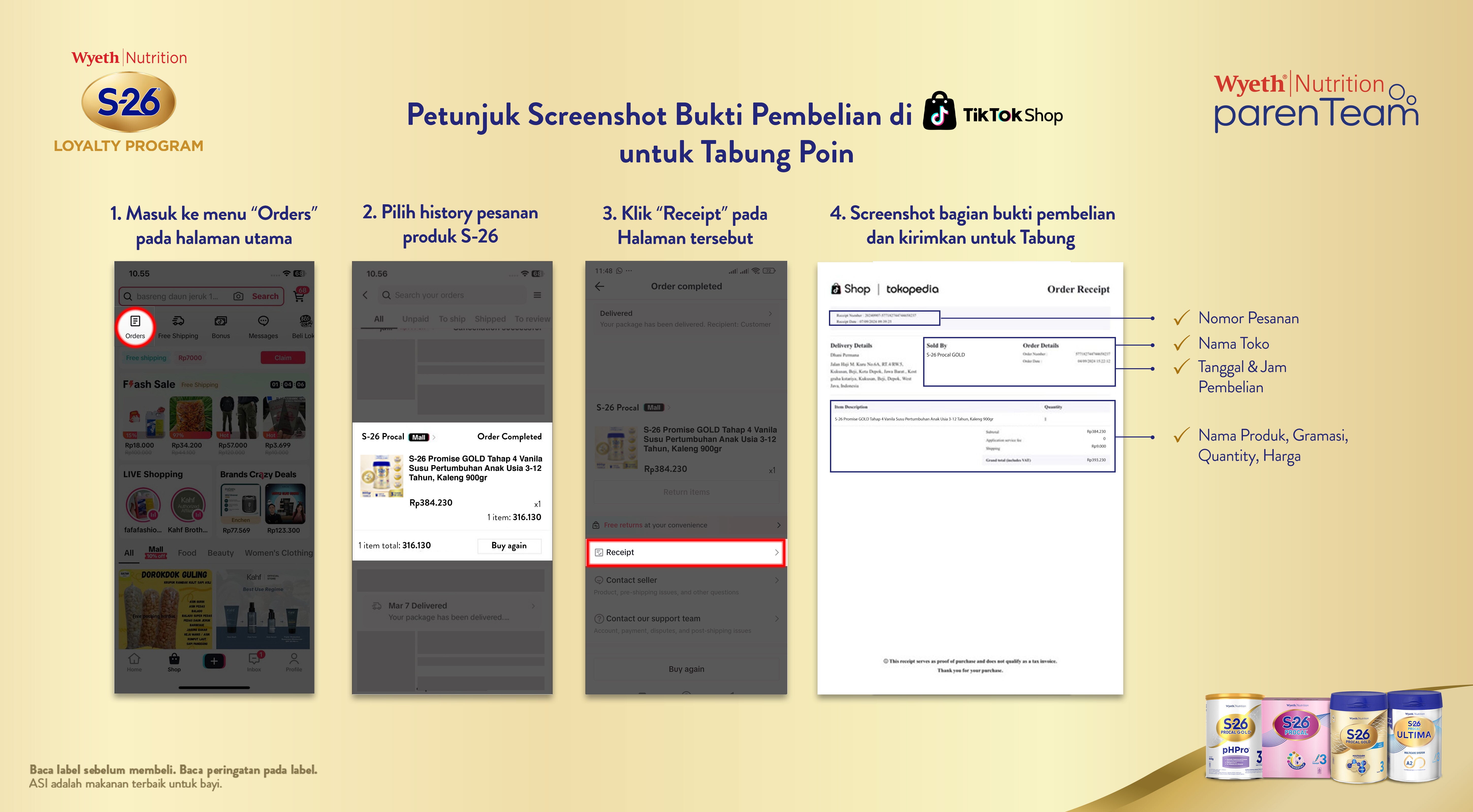 Petunjuk screenshot bukti Pembelian di Tiktok shop untuk tabung poin