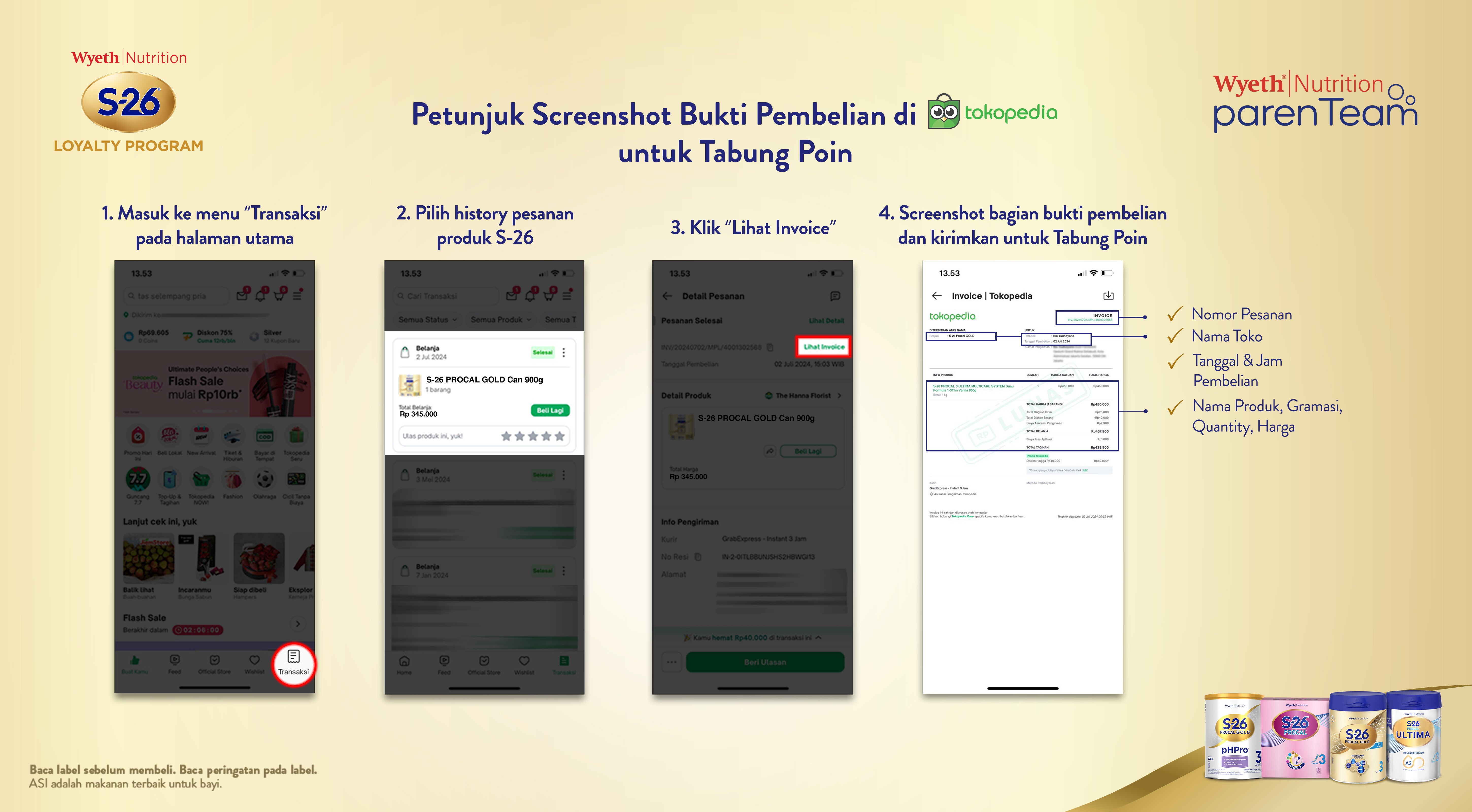 Petunjuk screenshot bukti Pembelian di Tokopedia untuk tabung poin